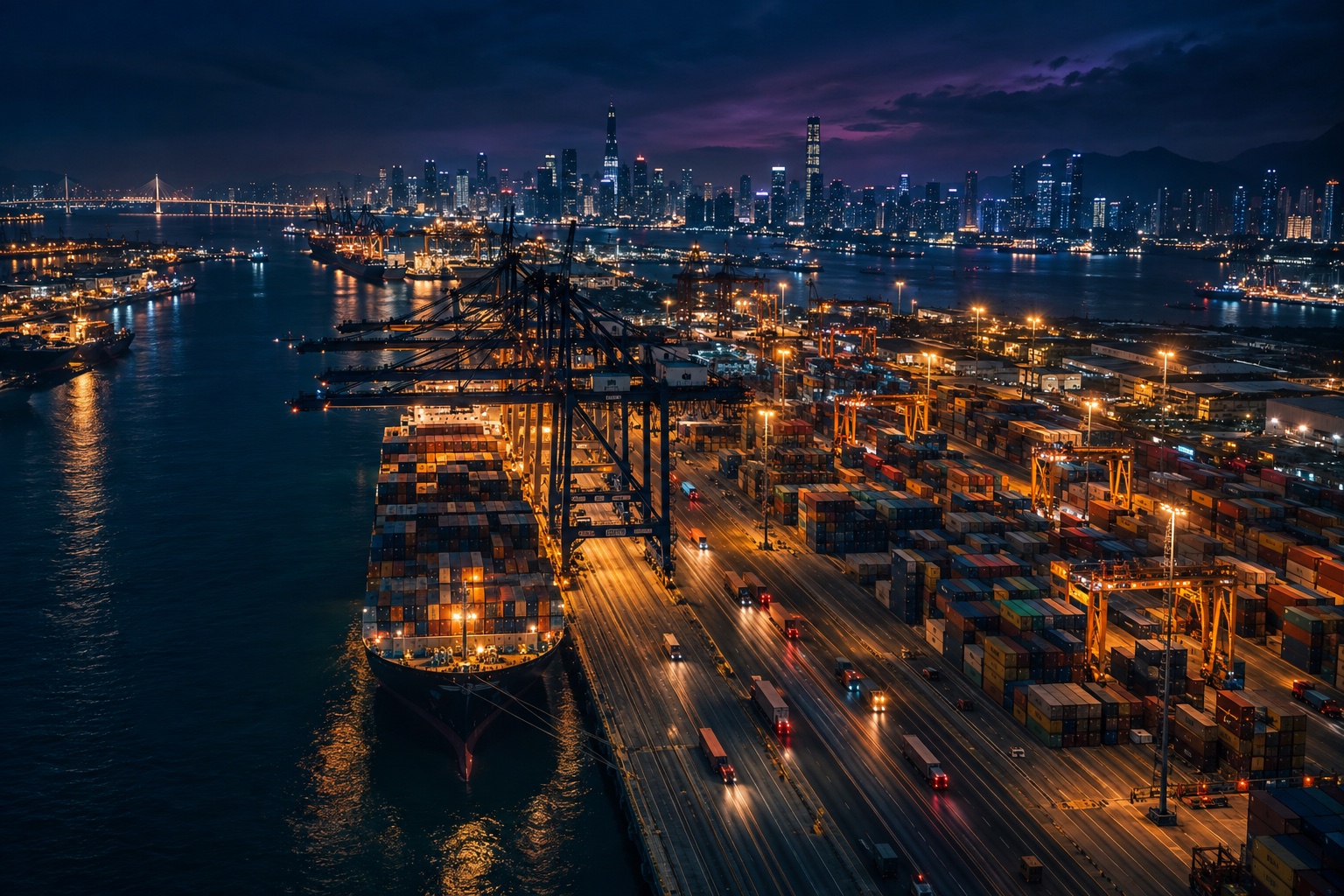 Container port at night seen from above with glowing light trails
