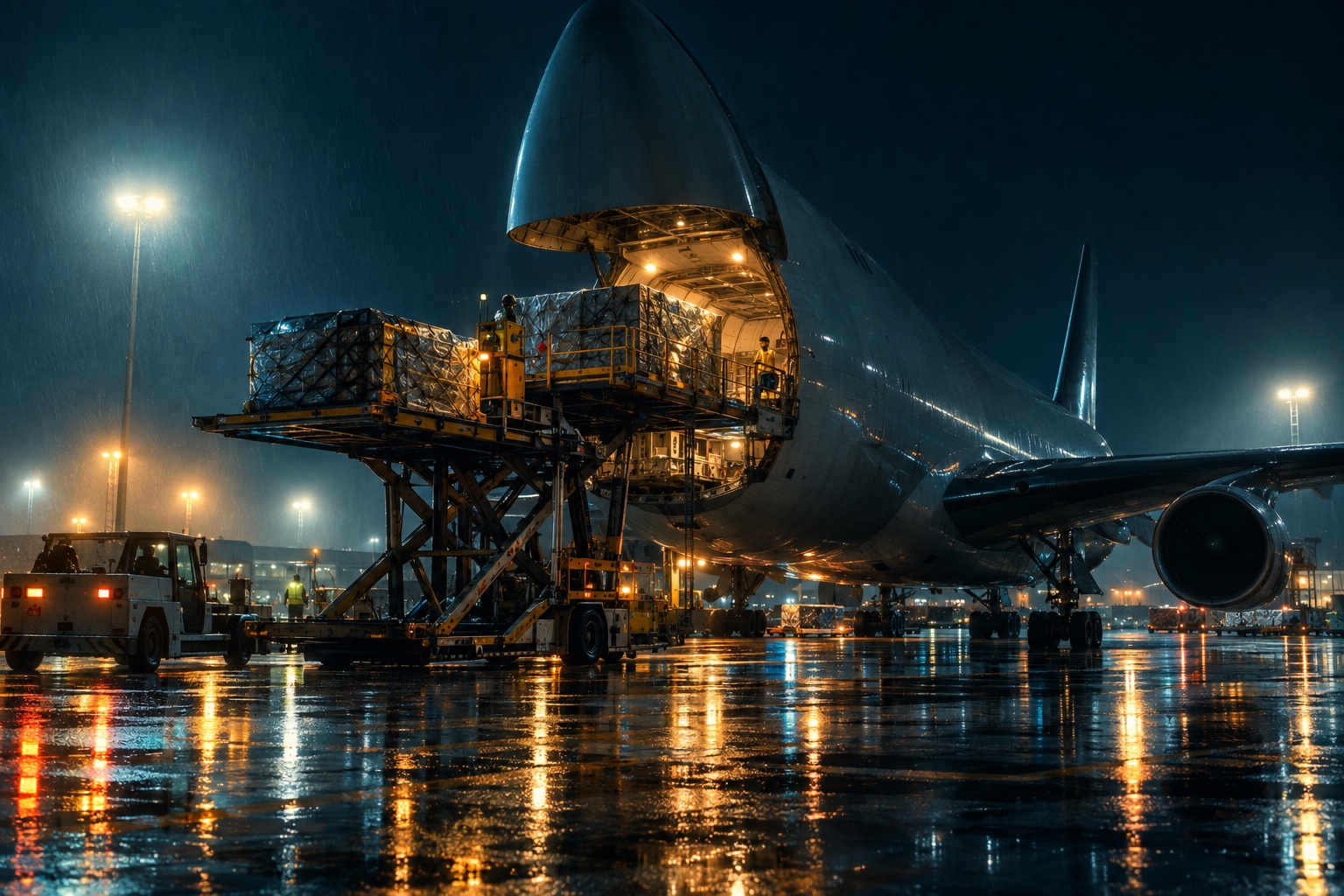 Cargo aircraft with nose door open being loaded on the apron at night