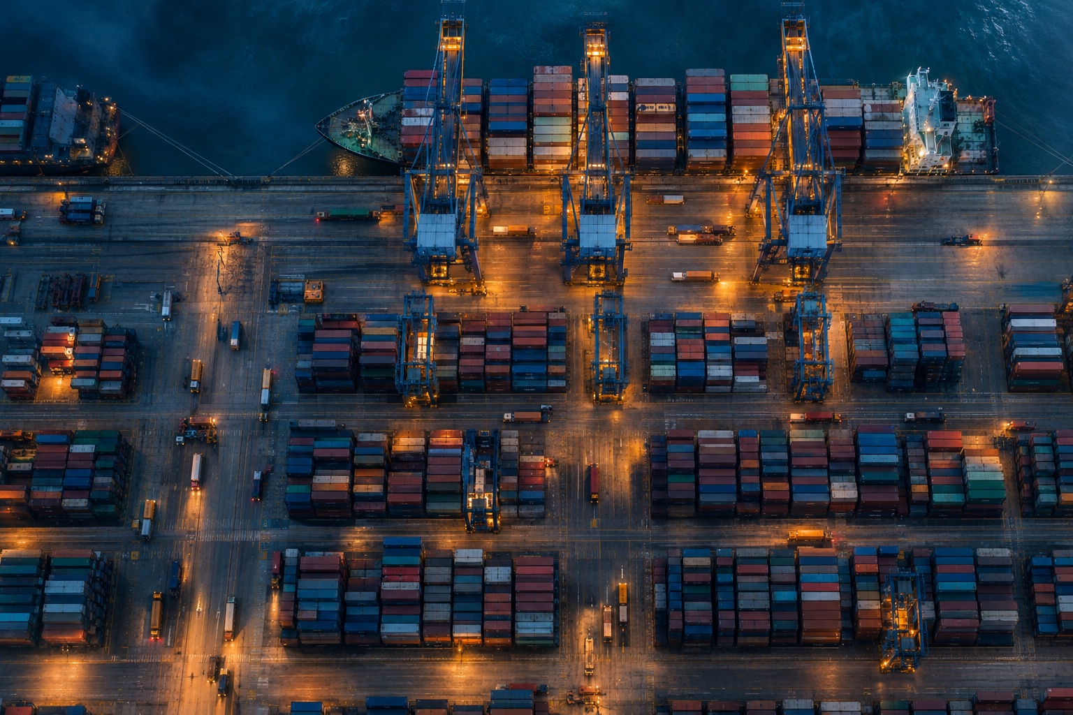 Aerial view of a container terminal at blue hour with gantry cranes loading a ship