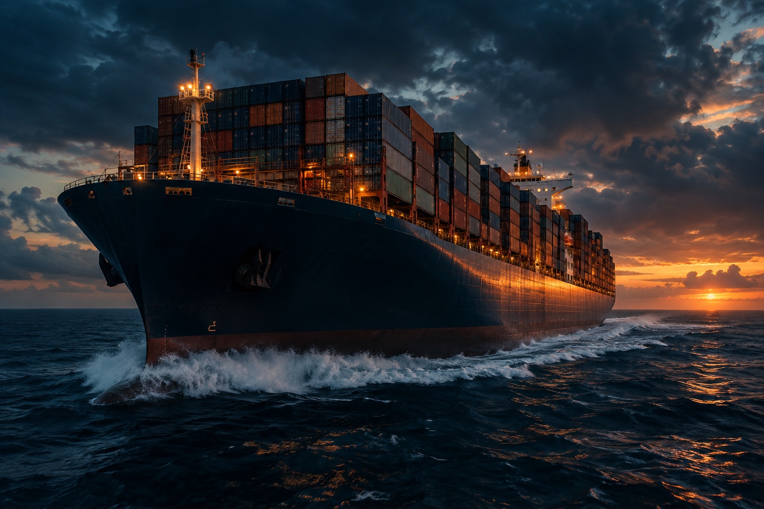 Ultra-large container ship sailing across the open ocean at dusk
