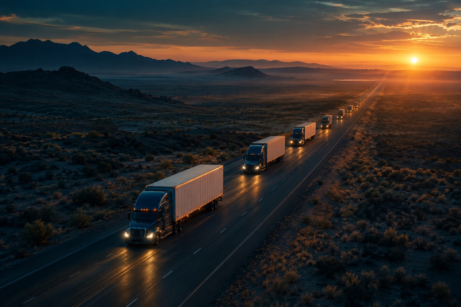Convoy of semi trucks on a desert highway at dusk