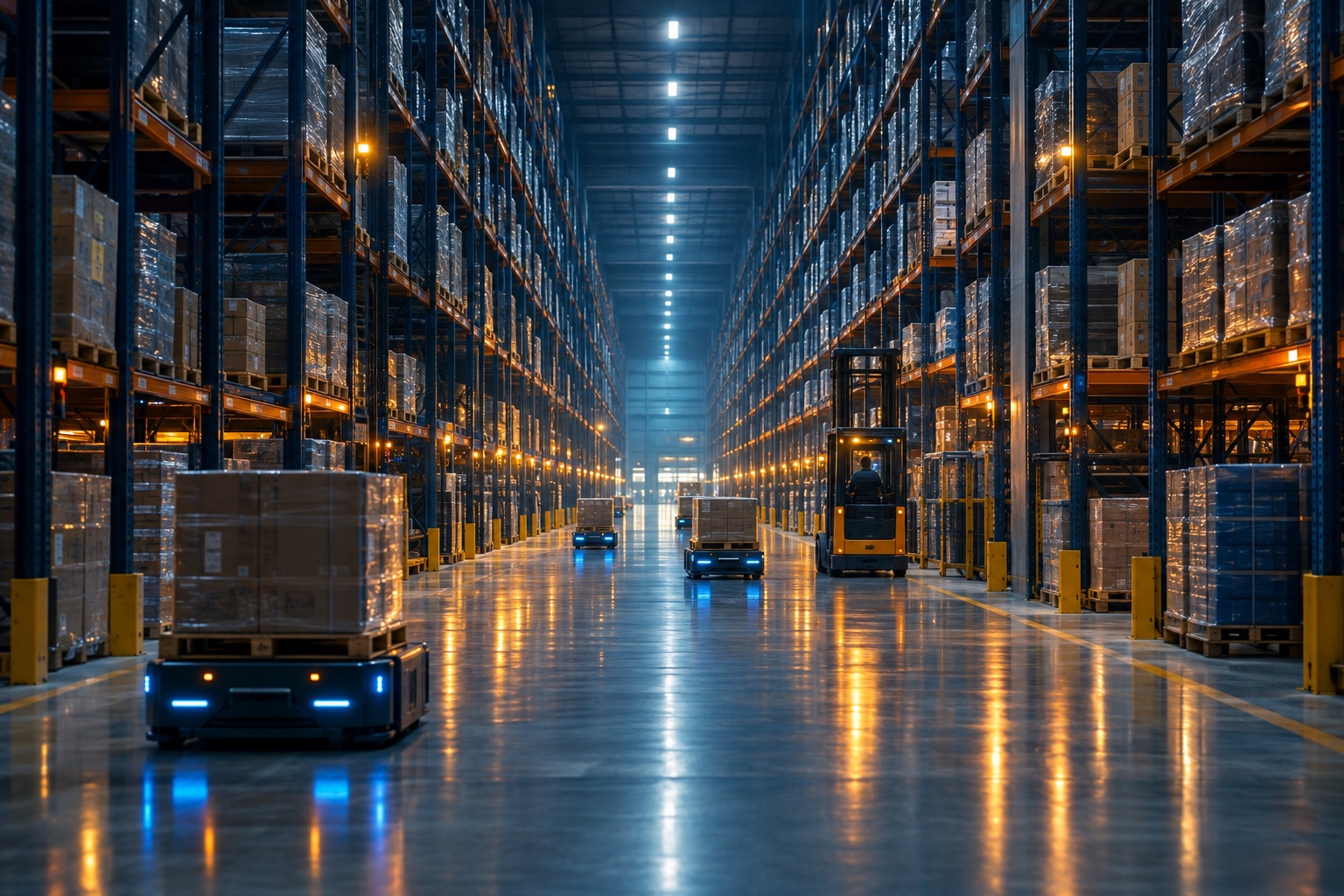 Vast modern distribution center with high racks and autonomous robots