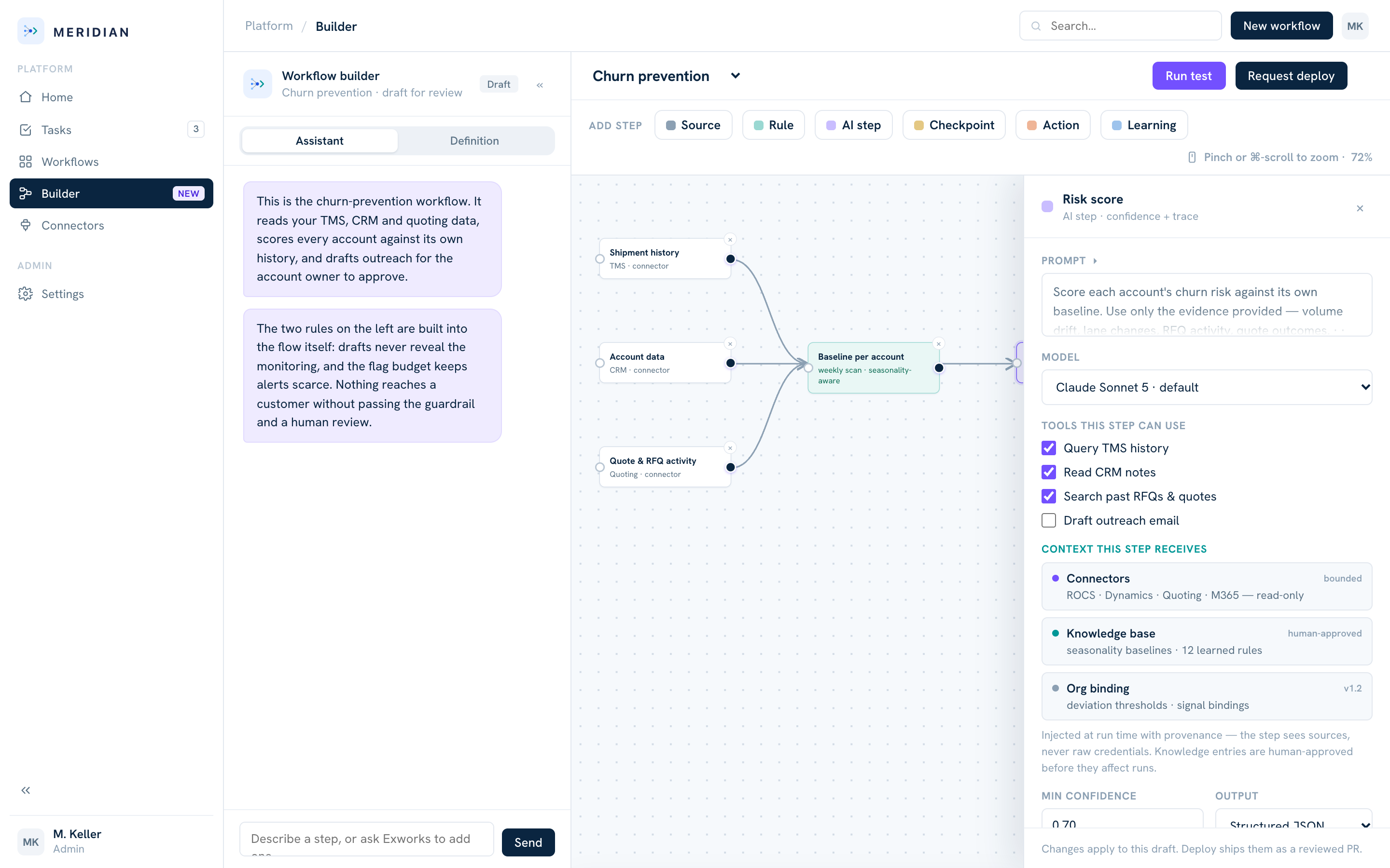 Exworks.ai step configuration drawer with prompt, model selection, scoped tools and bounded context